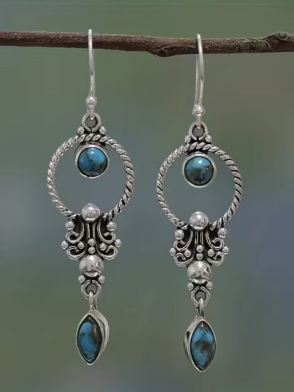 Boho Retro Style Silvertone Drop Earrings with Turquoise Inlaid Stones